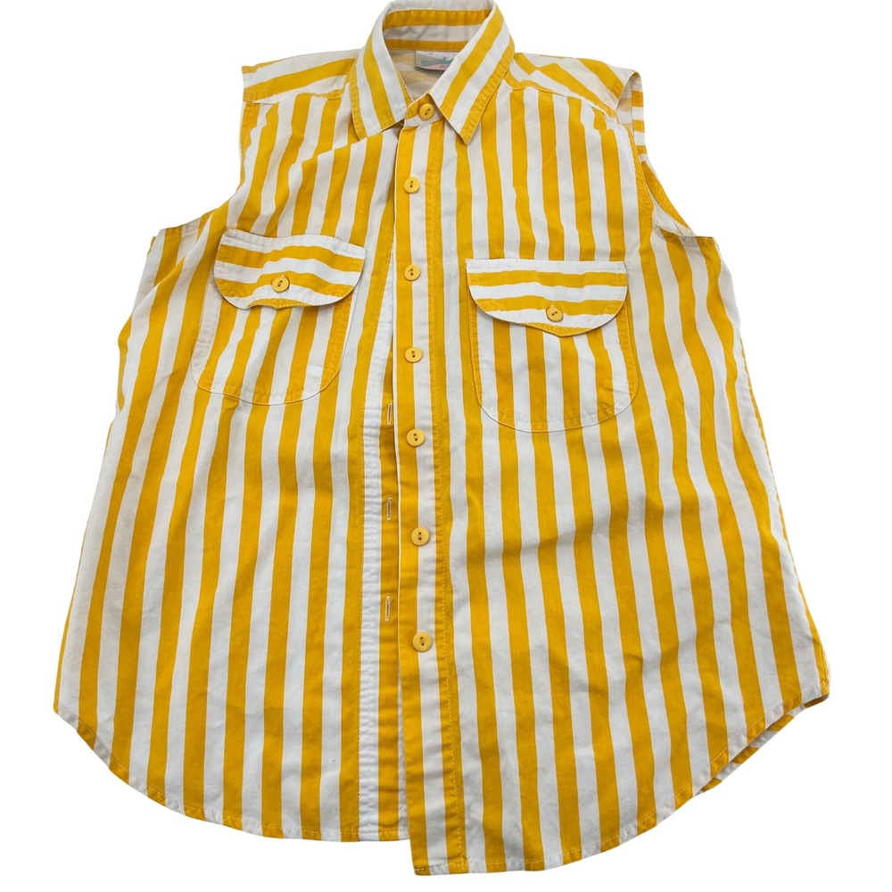 Vintage Center Aisle Yellow White Striped Sleeveless Button Down Shirt Small